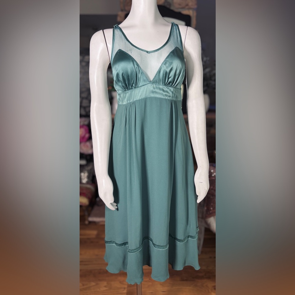Tufi Duek Green Silk Slip Dress w/ Net & Satin Top, Crepe Lining & Skirt Szs 4-8